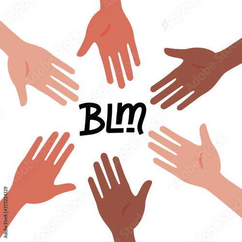 Circle of hands diverse unity togetherness. Black Lives Matter concept. BLM - lettering quote. Protest Banner about Human Right of Black People in U.S. America. Vector hand drawn Illustration.