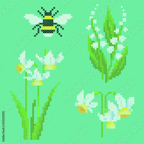 vector illustration of cross stitch spring flowers and bumblebee