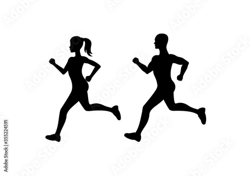 Running man and woman silhouette icon vector. Running people clip art. Attractive fitness girl and boy silhouette. Runners couple icon