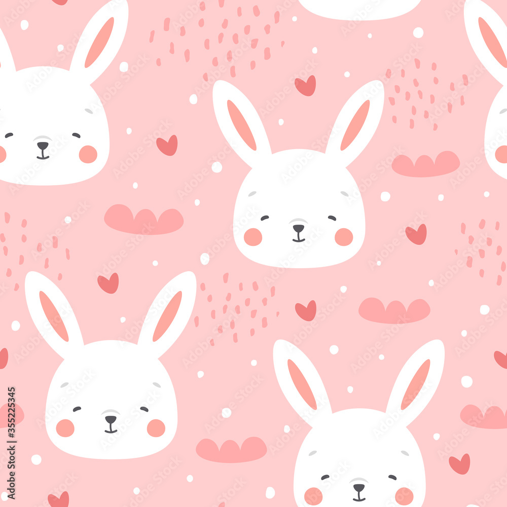 Rabbit and chick Seamless Pattern Background, Scandinavian Happy bunny with cloud, easter. cartoon rabbit vector illustration for kids nordic background