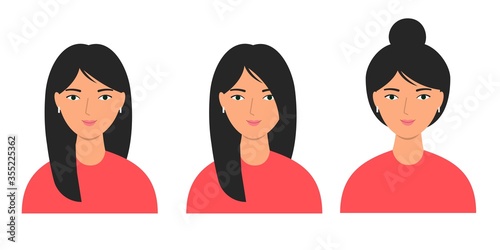 Portrait of a young pretty girl. Set of different hairstyles.