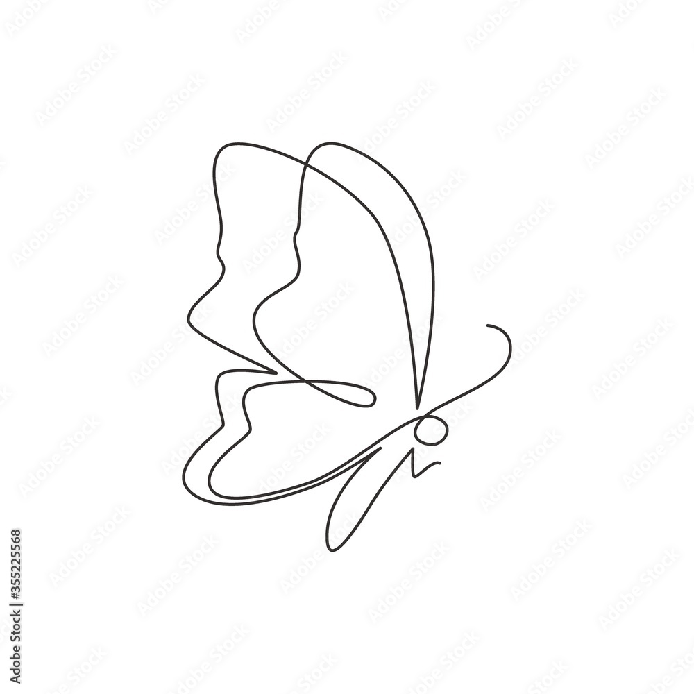Single continuous line drawing of luxury butterfly for corporation logo identity. Beauty salon and healthcare company icon concept from animal shape. One line draw vector graphic design illustration - obrazy, fototapety, plakaty 
