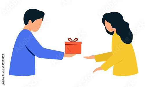 A man holds a gift box in his hands. A woman receives a gift from a young guy.