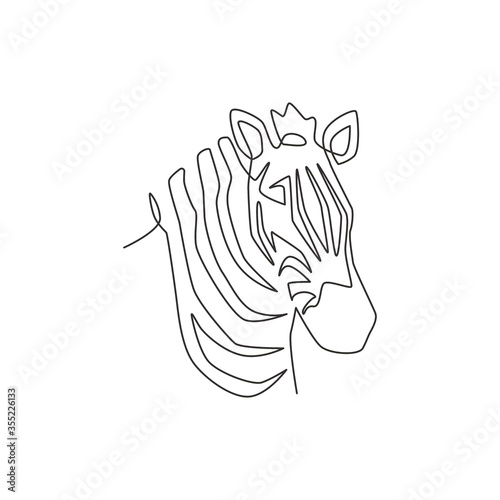 One continuous line drawing of zebra head for zoo safari national park logo identity. Typical horse from Africa with stripes concept for company mascot. Modern single line draw design illustration