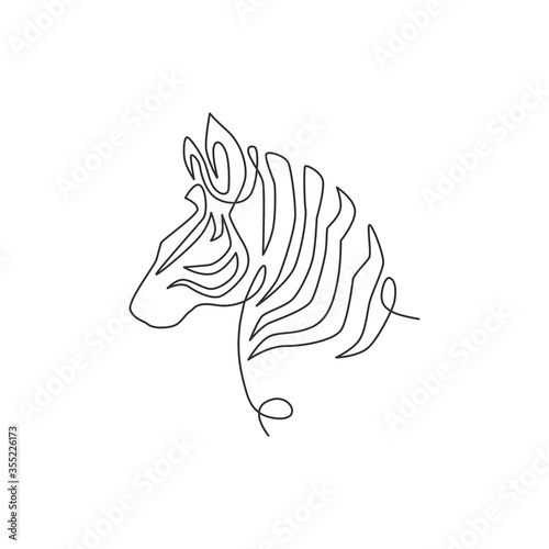 Single continuous line drawing of elegant zebra head for company logo identity. Horse with stripes mammal animal concept for national park safari zoo mascot. Trendy one line draw design illustration