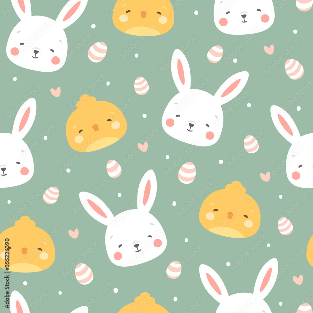 Rabbit and chick Seamless Pattern Background, Scandinavian Happy bunny with cloud, easter. cartoon rabbit vector illustration for kids nordic background