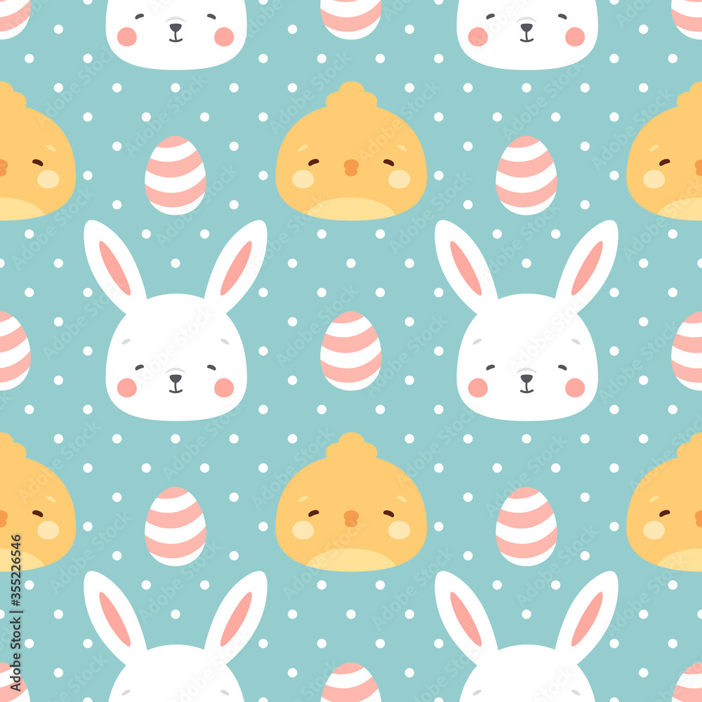 Rabbit and chick Seamless Pattern Background, Scandinavian Happy bunny with cloud, easter. cartoon rabbit vector illustration for kids nordic background