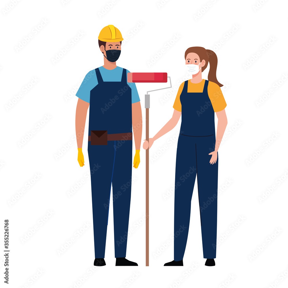 Female and male painter and constructer with masks vector design