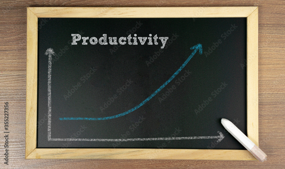 PRODUCTIVITY word is written on a chalkboard with graph, business concept PRODUCTIVITY word is written on a chalkboard with graph, business concept