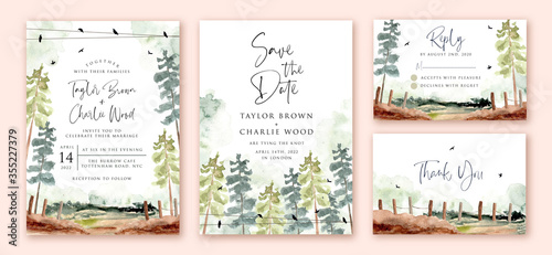 wedding invitation set with green forest landscape watercolor
