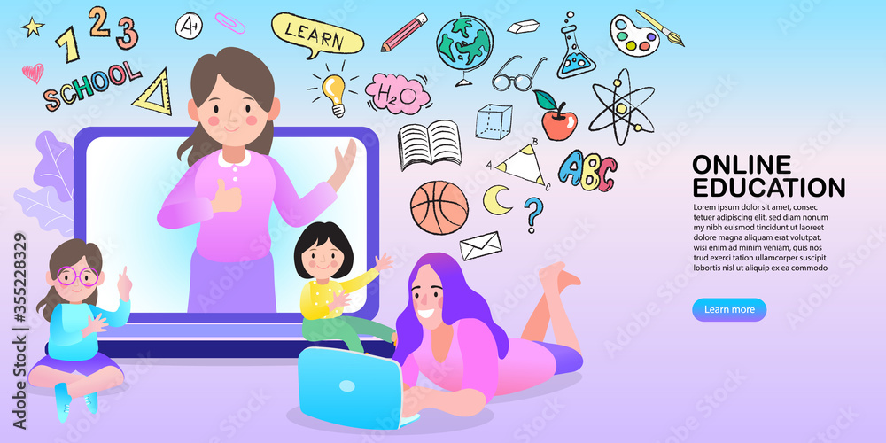 Online education concept. Cartoon children playing. Welcome back to school. Cute school kids. Flat design pattern with child.
Online education concept. Cartoon children playing. Welcome back to school. Cute school kids. Flat design pattern with child.