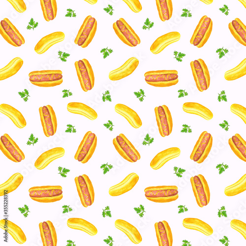 Watercolor illustration of hot dog wiener in pastry bun with ketchup or mustard pattern set isolated on white background Design for a hot dog wrapper, for an apron of the seller of a hot dog