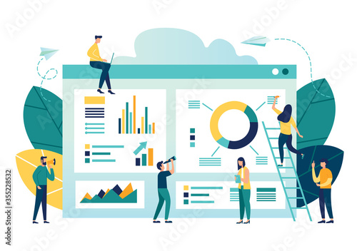vector illustration of business, office workers are studying the infographic, the analysis of the evolutionary scale