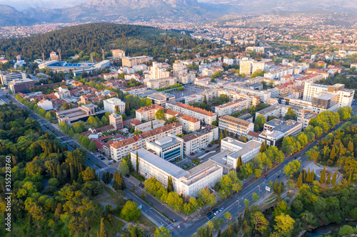 Podgorica, capital of Montenegro: panoramic aerial view. The city is renowned for its green parks. This small country is located on the Balkans peninsula on the Mediterranean, in South Eastern Europe.
