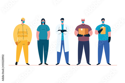people workers with uniforms and workermasks vector design