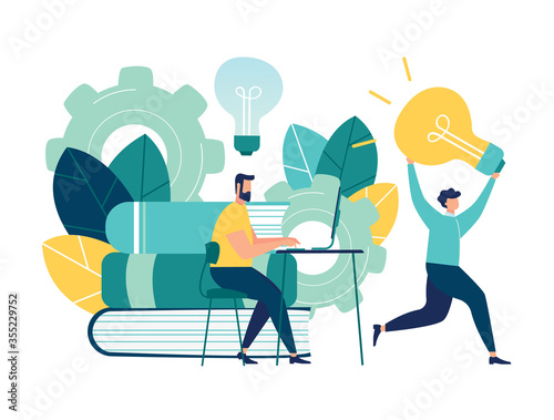 Vector illustration, stealing and plagiarism, copying ideas, thoughts, a man running away with a light bulb in his hands