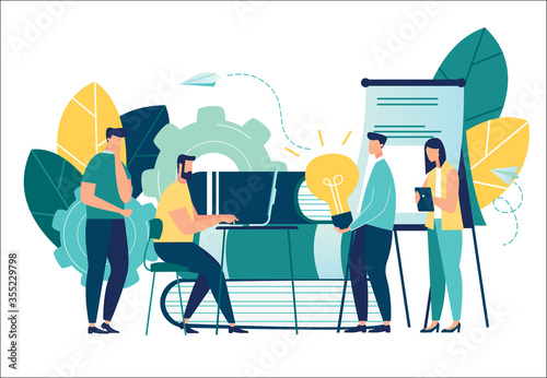 vector illustration, online assistant at work. promotion in the network. manager at remote work, searching for new ideas solutions, working together in the company, brainstorming