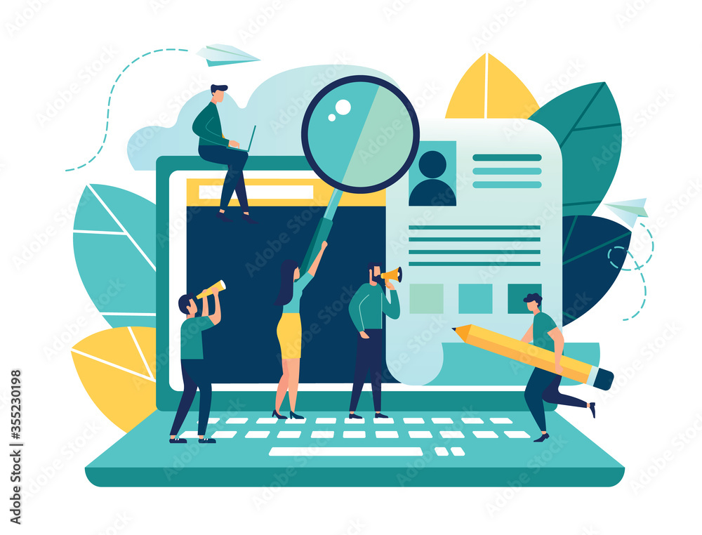 Vector illustration, small people fill out the form, modern concept for web banners, infographics, websites, printed products, filling out resumes, hiring employees Vector illustration, small people fill out the form, modern concept for web banners, infographics, websites, printed products, filling out resumes, hiring employees