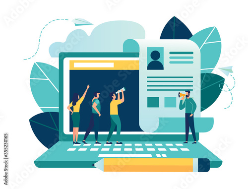 Vector illustration, small people fill out the form, modern concept for web banners, infographics, websites, printed products, filling out resumes, hiring employees