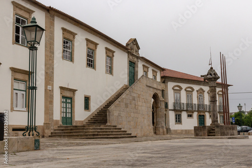 Vila do Conde Town Hall and Pillory at Vasco da Gama Square, Portugal.