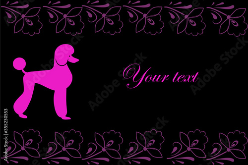 Pink silhouette of a poodle on a black background. Design for business cards and signs. Vector illustration