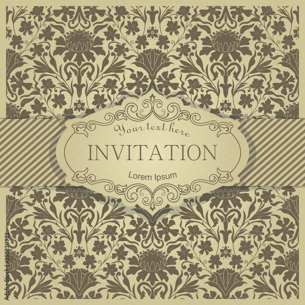 Template greeting card, invitation and advertising banner, brochure with frame. Vintage Invitation or wedding card with damask pattern Template greeting card, invitation and advertising banner, brochure with frame. Vintage Invitation or wedding card with damask pattern