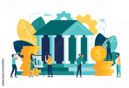 Vector flat illustration, bank building on a white background, bank financing, money exchange, financial services, ATM, giving out money