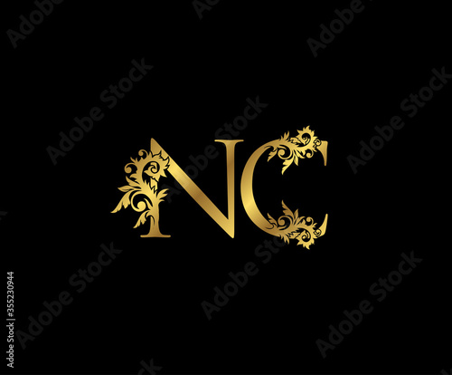 Classy Gold letter N,C and NC Vintage decorative ornament letter stamp, wedding logo, classy letter logo icon.