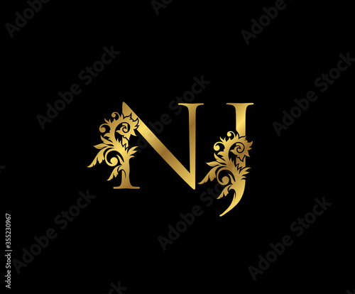 Classy Gold letter N,J and NJ Vintage decorative ornament letter stamp, wedding logo, classy letter logo icon.