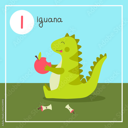 Cute animal alphabet for ABC book. Vector illustration of cartoon animals. Green iguana lizard with appetite eats red apples  scattering bits