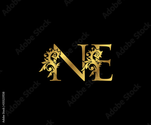 Classy Gold letter N, E and NE Vintage decorative ornament letter stamp, wedding logo, classy letter logo icon.