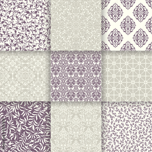 Set of 9 Vintage seamless damask patterns. Template greeting card, invitation and advertising banner, brochure. Antique seamless background collection for wallpaper, textile, tile, packaging