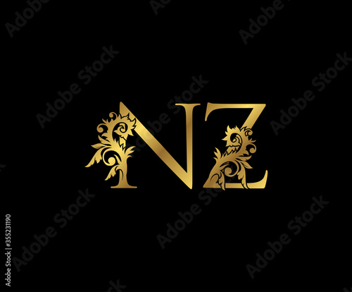 Classy Gold letter N, Z and NZ Vintage decorative ornament letter stamp, wedding logo, classy letter logo icon.