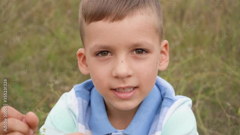 Closeup view video portrait of face of cute smiling happy little boy of 5 years old playing in countryside meadow sitting on grass alone. Closeup view video portrait of face of cute smiling happy little boy of 5 years old playing in countryside meadow sitting on grass alone.