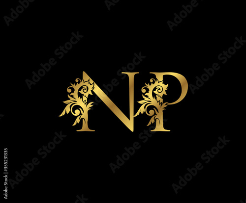 Classy Gold letter N, P and NP Vintage decorative ornament letter stamp, wedding logo, classy letter logo icon.