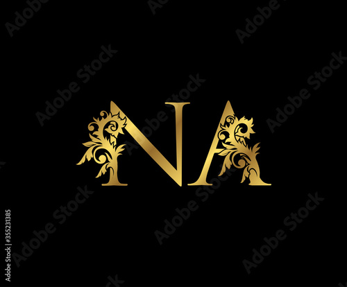 Classy Gold letter N, A and NA Vintage decorative ornament letter stamp, wedding logo, classy letter logo icon.