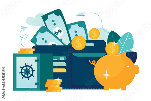 Vector flat illustration, large piggy bank in the form of a pig on a white background, open purse, financial services, small bankers are engaged in work, saving or accumulating money, a box of coins w