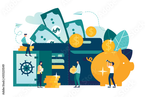 Vector flat illustration, large piggy bank in the form of a pig on a white background, open purse, financial services, small bankers are engaged in work, saving or accumulating money, a box of coins w
