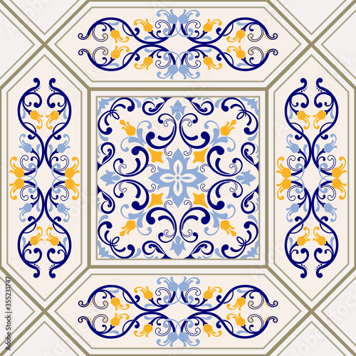 Seamless colorful patchwork in turkish style. Hand drawn background. Azulejos tiles patchwork. Portuguese and Spain decor. Islam, Arabic, Indian, motif. Perfect for printing on fabric, paper, ceramic
