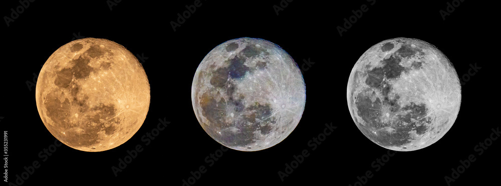 Obraz premium Set of Moon isolated on black background. Full pink and white moon on sky at night.