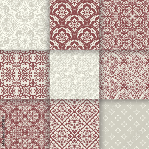 Set of 9 Vintage seamless damask patterns. Template greeting card, invitation and advertising banner, brochure. Antique seamless background collection for wallpaper, textile, tile, packaging