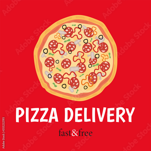 Pizza delivery. Online delivery service concept. Banner, card.  Fast and free. Vector illustration