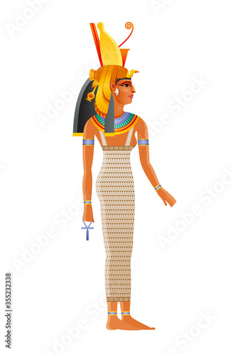 Mut ancient Egyptian daity. Mother goddess worshipped in ancient Egypt. Wearing double crown plus royal vulture headdress. Also can be queen Nefertari Meritmut, pharaoh wife. Old historical art