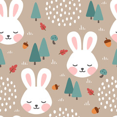Crédence de cuisine Lapin patrons Rabbit and Fox seamless pattern background, Sleepy cute bunny in the woodland forest, Vector illustration  © Gabriel Onat