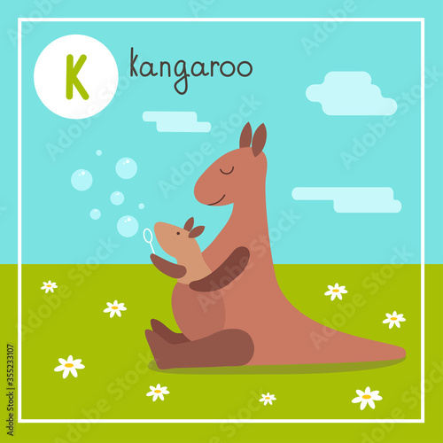 Cute animal alphabet for ABC book. Vector illustration of cartoon animals. A kangaroo mother with a baby kangaroo in her bag blows soap bubbles. Daisies Vector illustration
