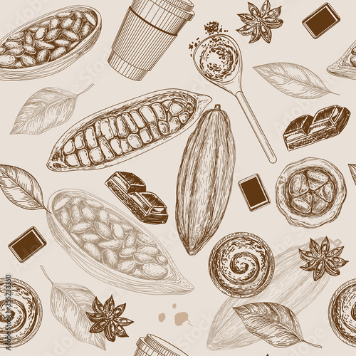 Hand drawn sketch illustration with Cocoa, chocolate on a white background seamless pattern