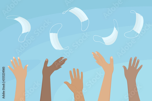 Multiethnic group of people throw medical masks in the air. Quarantine is over. Vector illustration.
