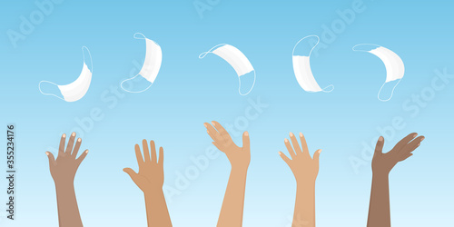 Multiethnic group of people toss medical masks in the air. Lockdown is over. Vector illustration.