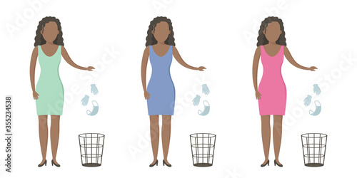 African woman throw medical mask and gloves in wastebasket. Quarantine cancellation. Vector illustration.