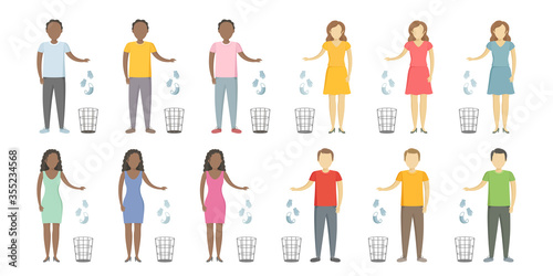 People of different nationalities throw medical masks in wastebaskets. Vector illustration.